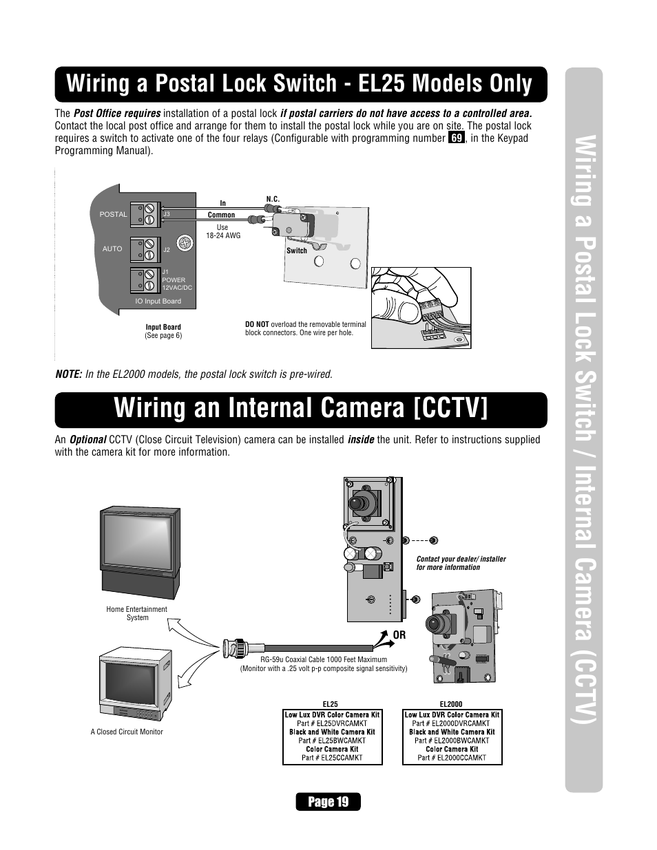 Wiring a postal lock switch - el25 models only, Wiring an internal camera [cctv, Page 19 | Chamberlain ELITE EL25 User Manual | Page 21 / 32