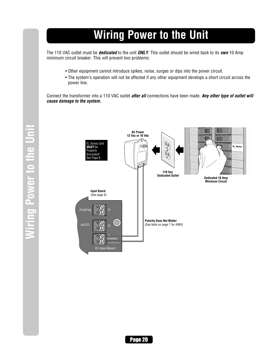 Wiring power to the unit, Page 20 | Chamberlain ELITE EL25 User Manual | Page 22 / 32