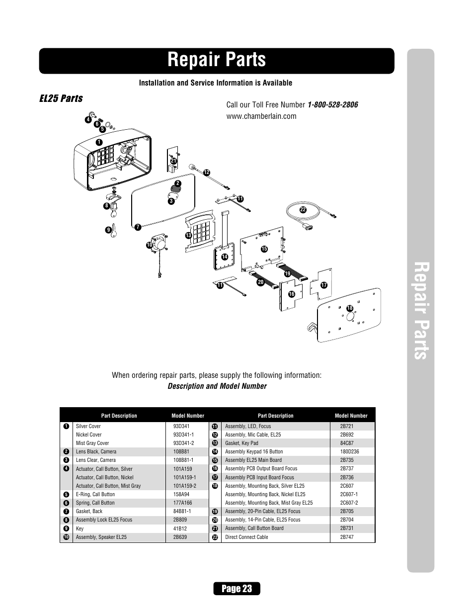 Repair parts, El25 parts, Page 23 | Chamberlain ELITE EL25 User Manual | Page 25 / 32