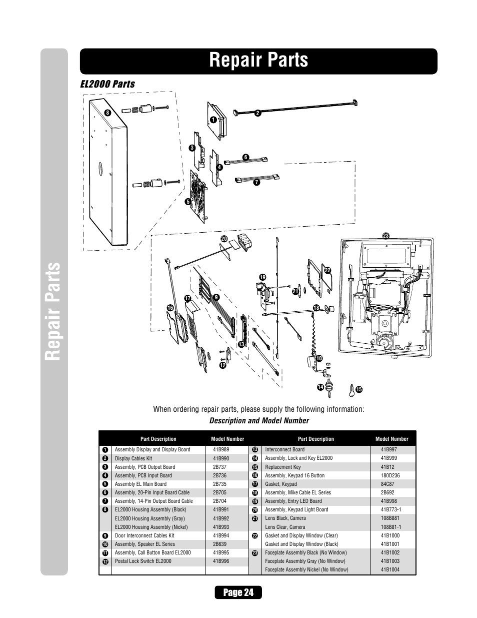 El2000 parts, Repair parts, Page 24 | Chamberlain ELITE EL25 User Manual | Page 26 / 32