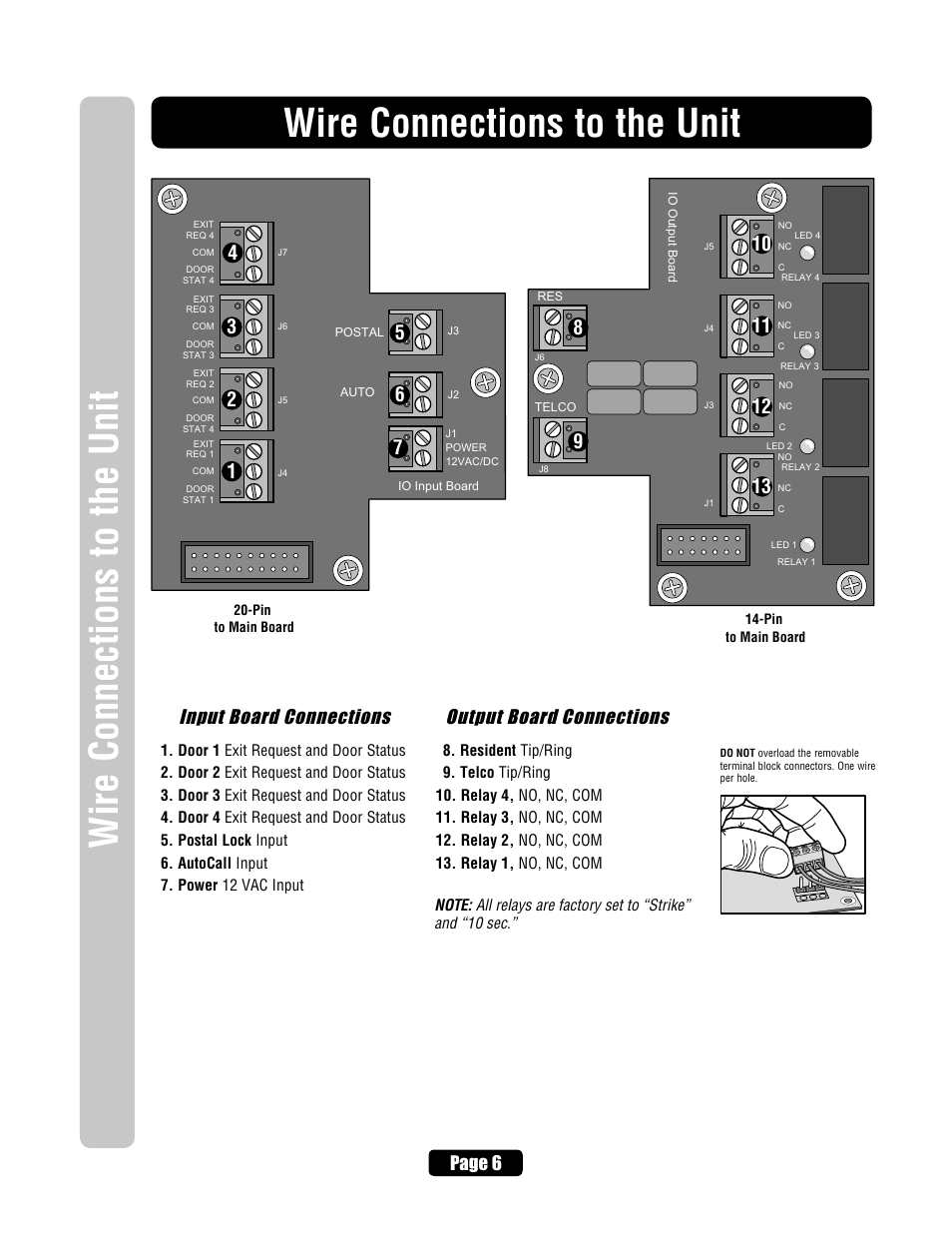 Wire connections to the unit, Input board connections, Output board connections | Page 6 | Chamberlain ELITE EL25 User Manual | Page 8 / 32