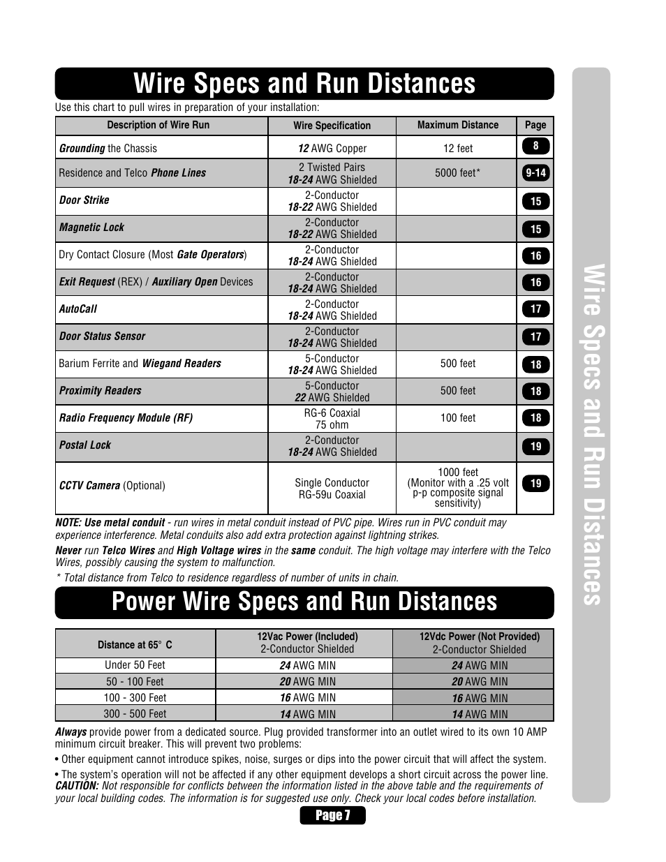Wire specs and run distances, Power wire specs and run distances | Chamberlain ELITE EL25 User Manual | Page 9 / 32