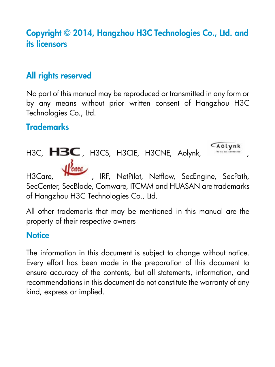 All rights reserved, Trademarks, Notice | H3C Technologies H3C S9800 Series Switches User Manual | Page 2 / 15