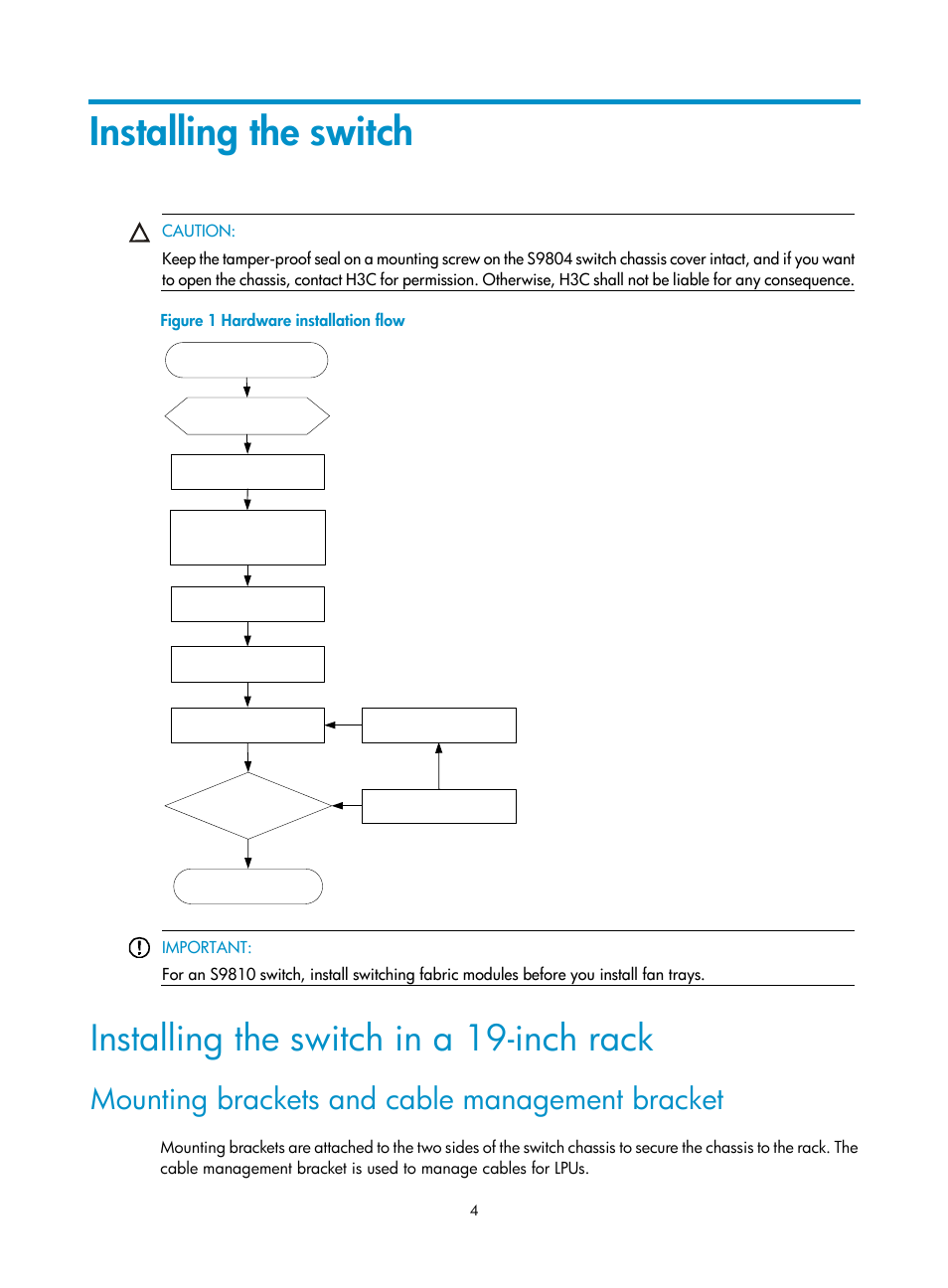 Installing the switch, Installing the switch in a 19-inch rack, Mounting brackets and cable management bracket | H3C Technologies H3C S9800 Series Switches User Manual | Page 12 / 82