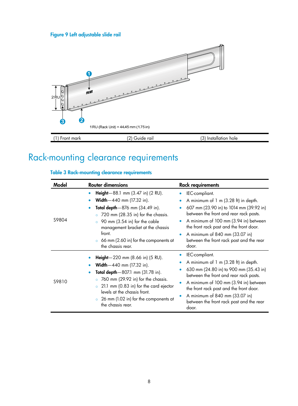 Rack-mounting clearance requirements | H3C Technologies H3C S9800 Series Switches User Manual | Page 16 / 82