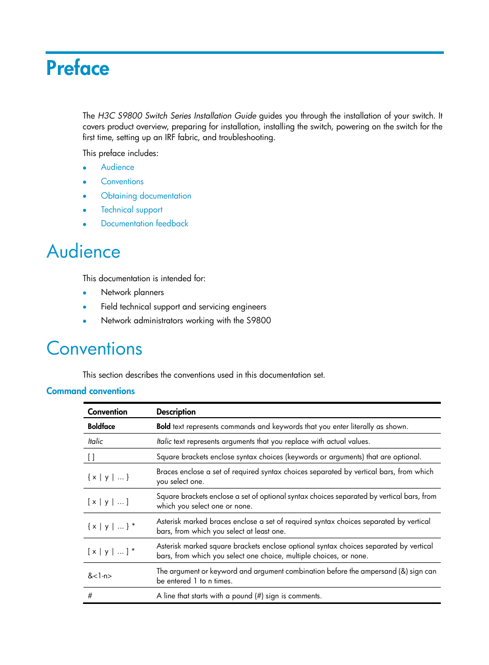 Preface, Audience, Conventions | Command conventions | H3C Technologies H3C S9800 Series Switches User Manual | Page 3 / 82