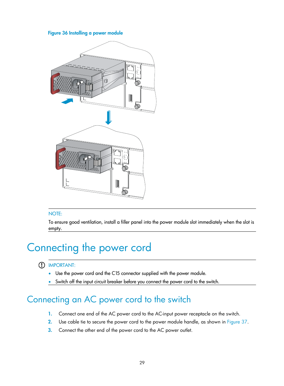 Connecting the power cord, Connecting an ac power cord to the switch | H3C Technologies H3C S9800 Series Switches User Manual | Page 37 / 82