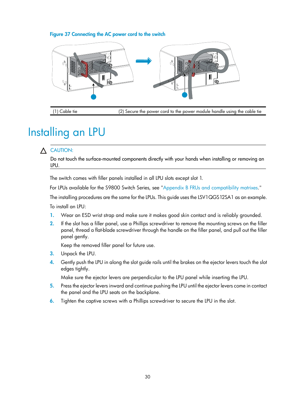 Installing an lpu | H3C Technologies H3C S9800 Series Switches User Manual | Page 38 / 82