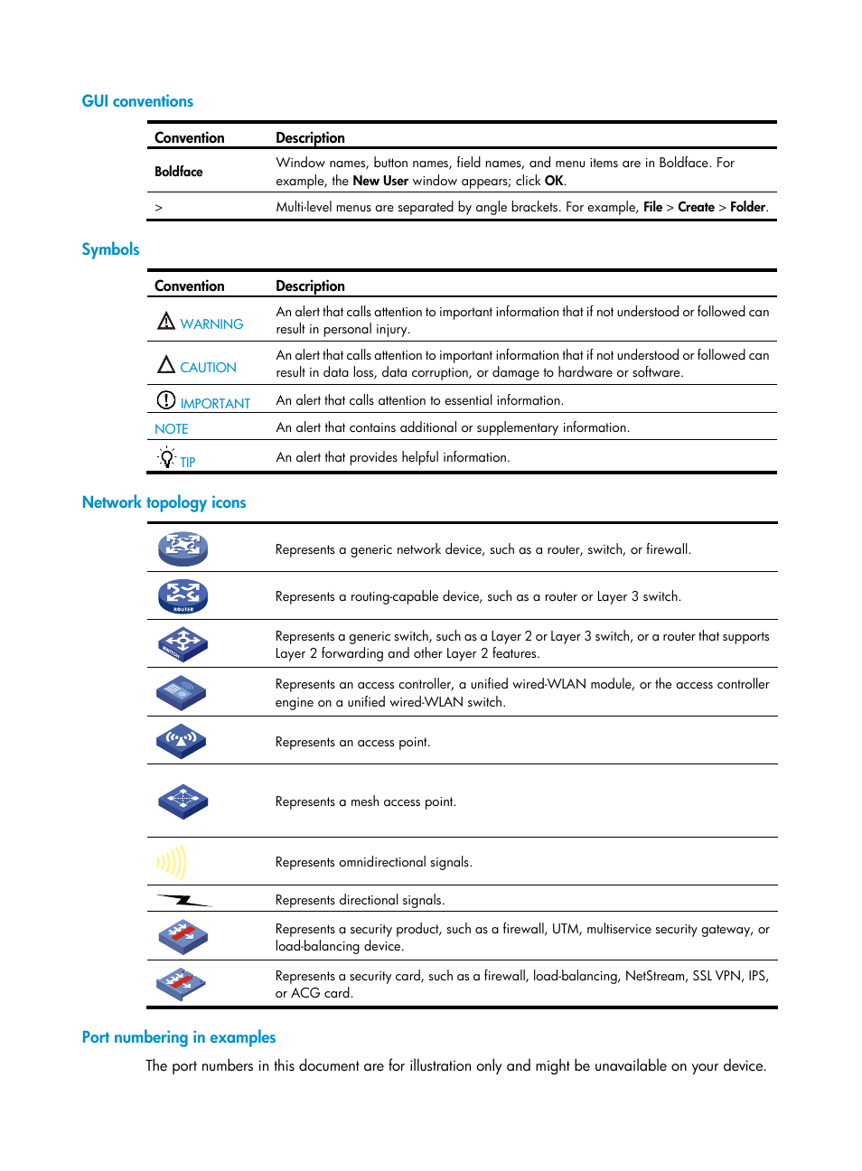 Gui conventions, Symbols, Network topology icons | Port numbering in examples | H3C Technologies H3C S9800 Series Switches User Manual | Page 4 / 82