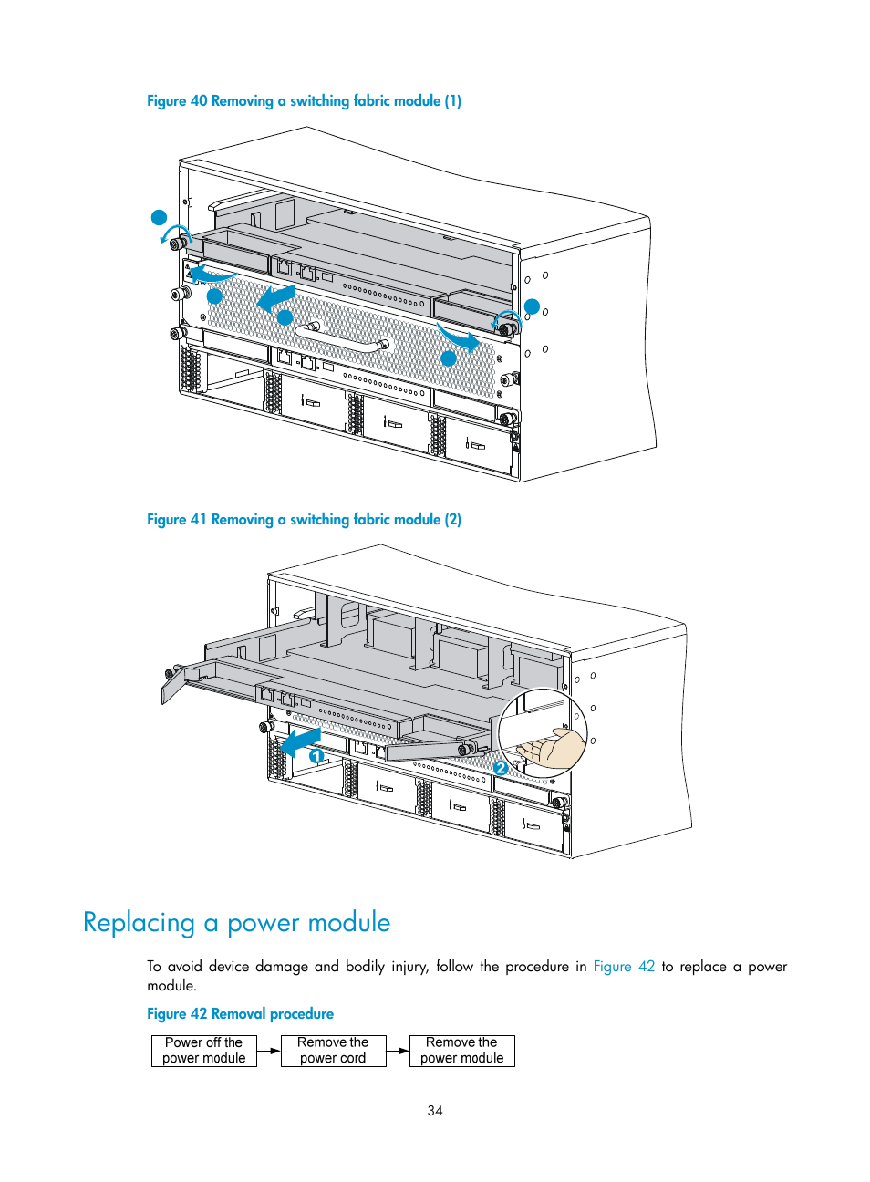 Replacing a power module, E rails part way out. see, Figure 40 | Sis. see, Figure | H3C Technologies H3C S9800 Series Switches User Manual | Page 42 / 82