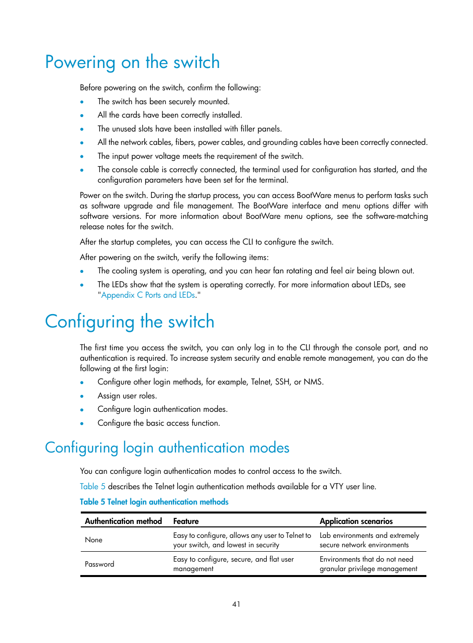 Powering on the switch, Configuring the switch, Configuring login authentication modes | H3C Technologies H3C S9800 Series Switches User Manual | Page 49 / 82