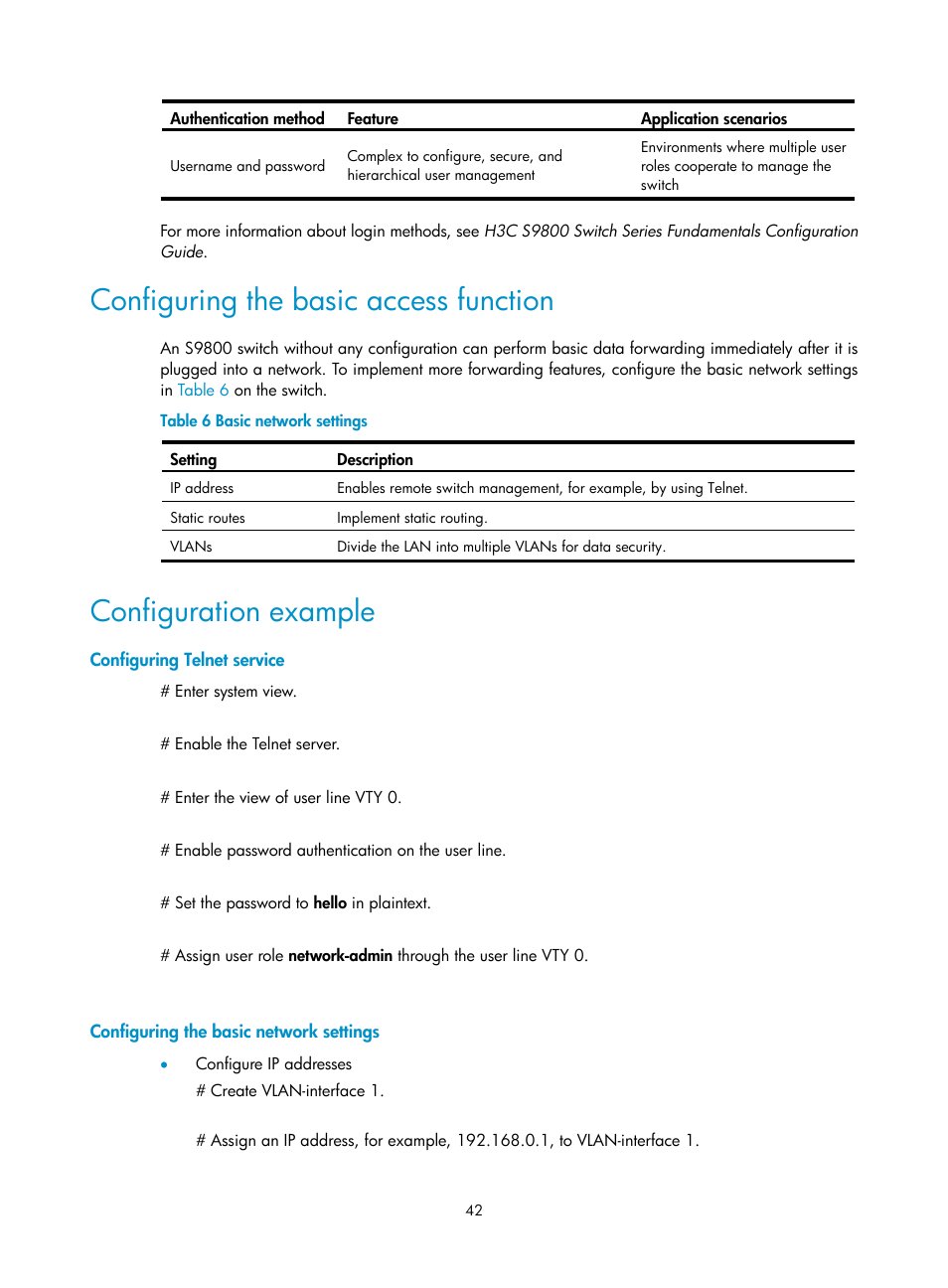 Configuring the basic access function, Configuration example, Configuring telnet service | Configuring the basic network settings | H3C Technologies H3C S9800 Series Switches User Manual | Page 50 / 82