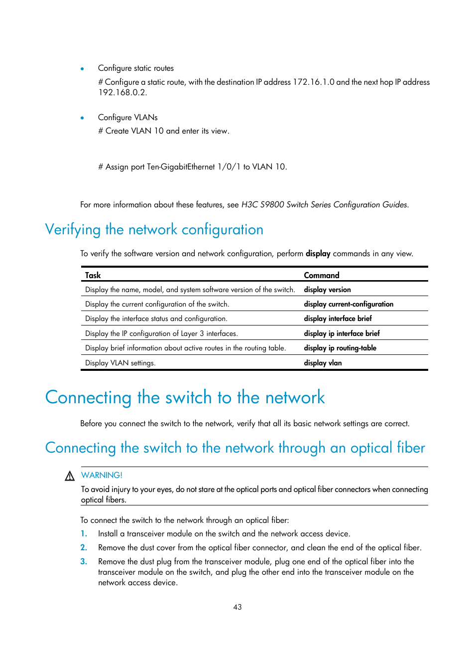 Verifying the network configuration, Connecting the switch to the network | H3C Technologies H3C S9800 Series Switches User Manual | Page 51 / 82