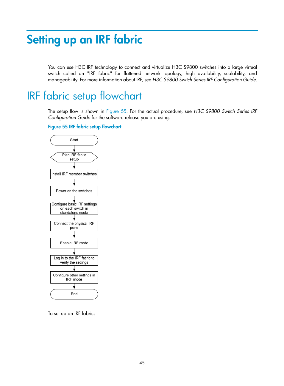 Setting up an irf fabric, Irf fabric setup flowchart | H3C Technologies H3C S9800 Series Switches User Manual | Page 53 / 82