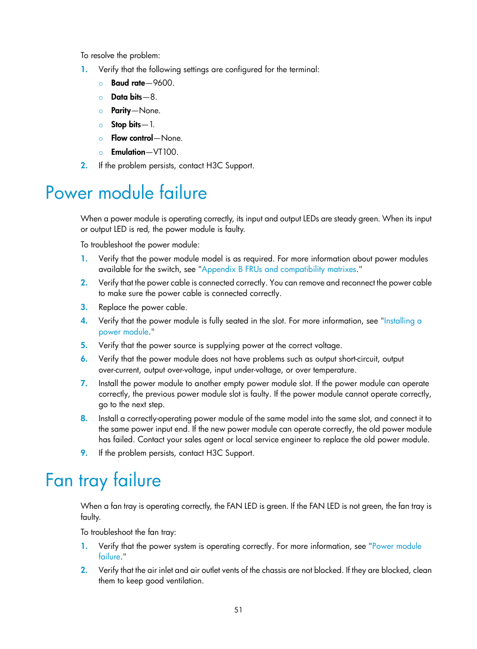 Power module failure, Fan tray failure | H3C Technologies H3C S9800 Series Switches User Manual | Page 59 / 82
