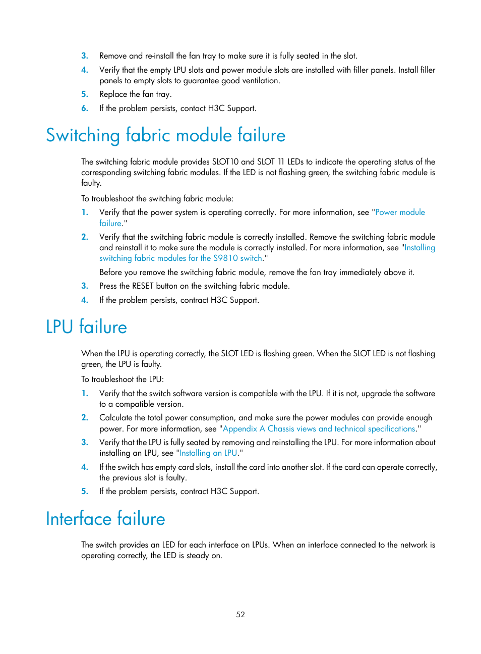 Switching fabric module failure, Lpu failure, Interface failure | H3C Technologies H3C S9800 Series Switches User Manual | Page 60 / 82