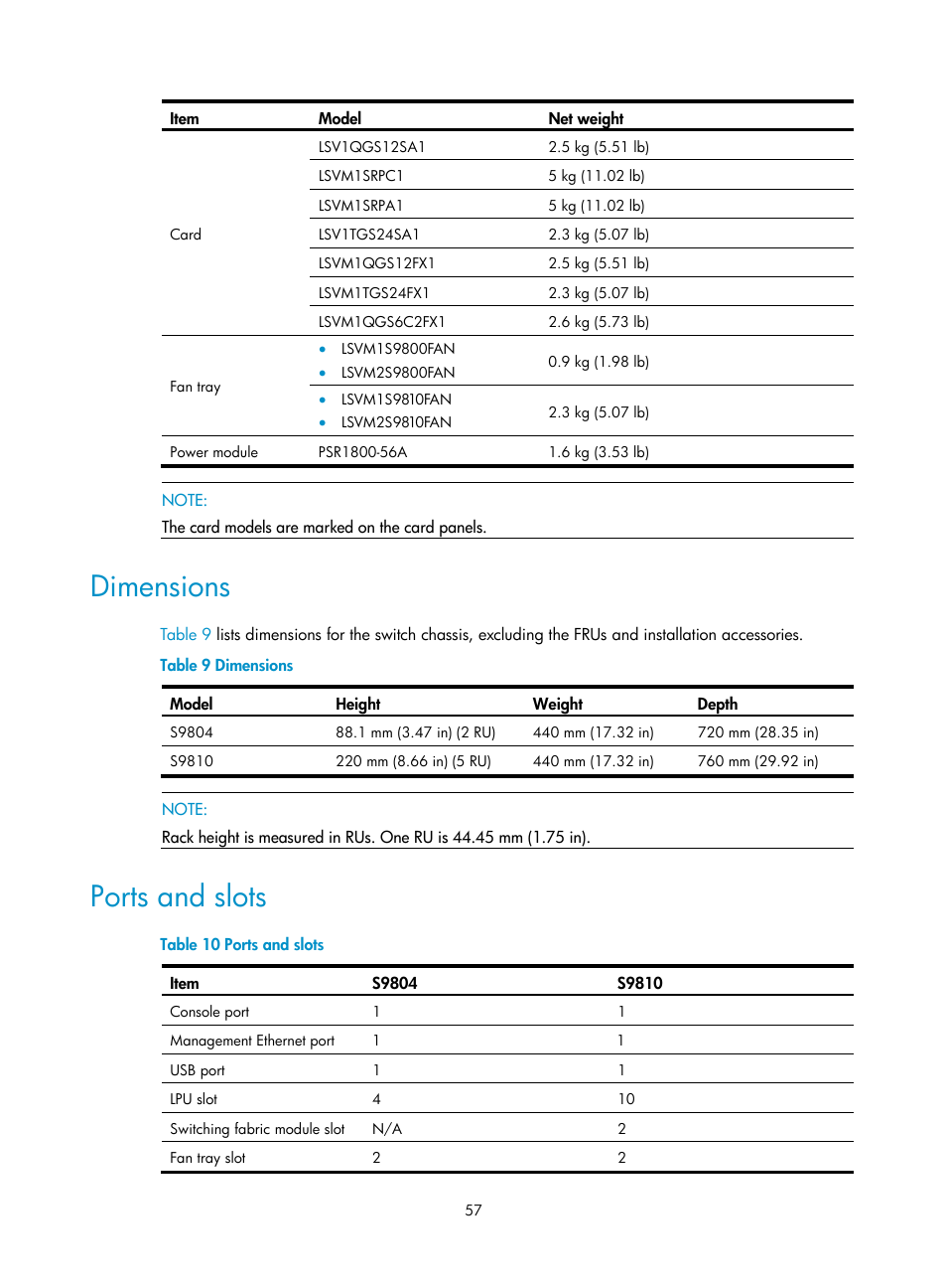 Dimensions, Ports and slots | H3C Technologies H3C S9800 Series Switches User Manual | Page 65 / 82