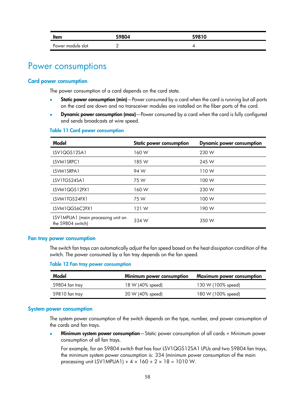 Power consumptions, Card power consumption, Fan tray power consumption | System power consumption | H3C Technologies H3C S9800 Series Switches User Manual | Page 66 / 82