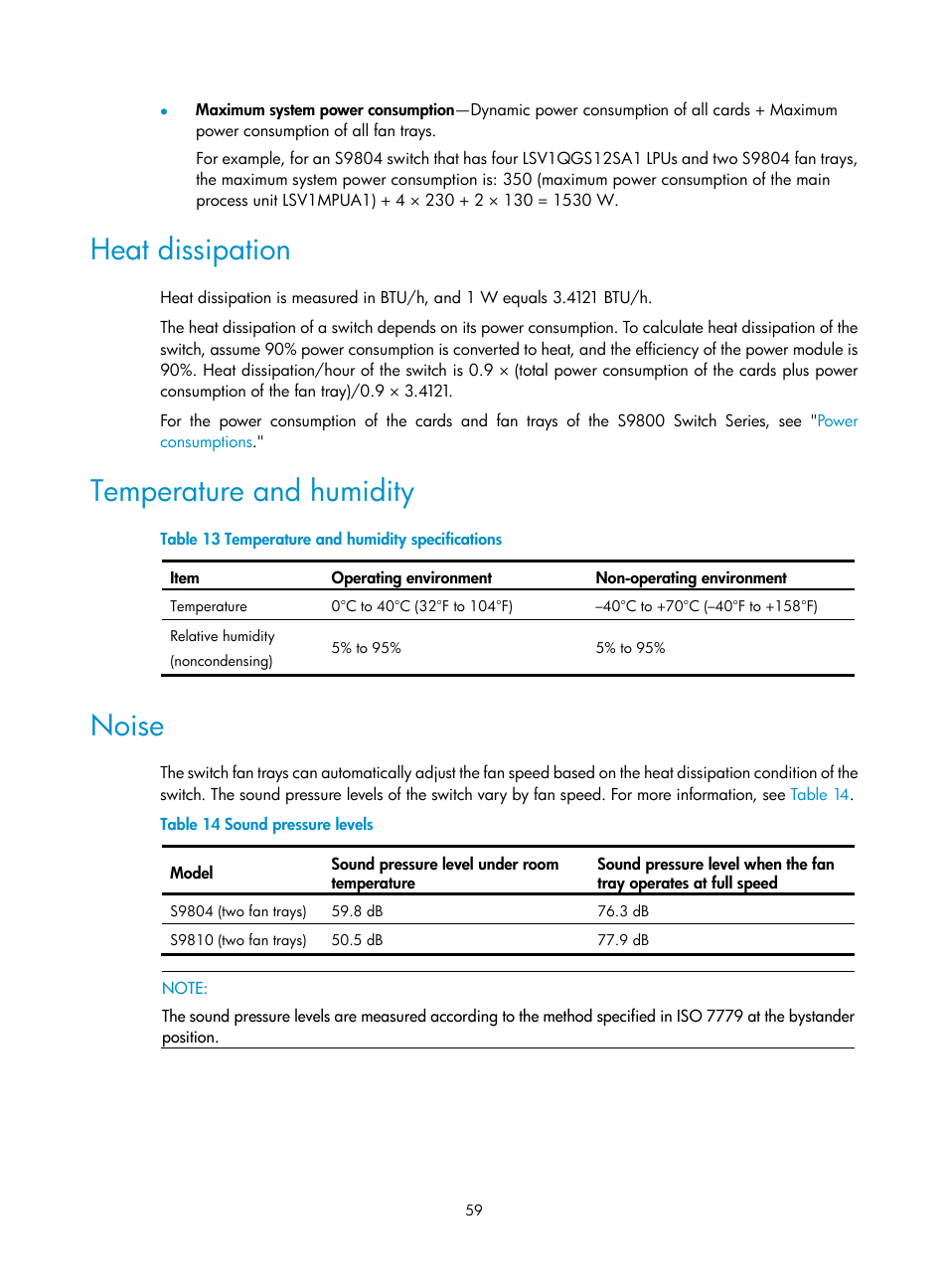 Heat dissipation, Temperature and humidity, Noise | H3C Technologies H3C S9800 Series Switches User Manual | Page 67 / 82