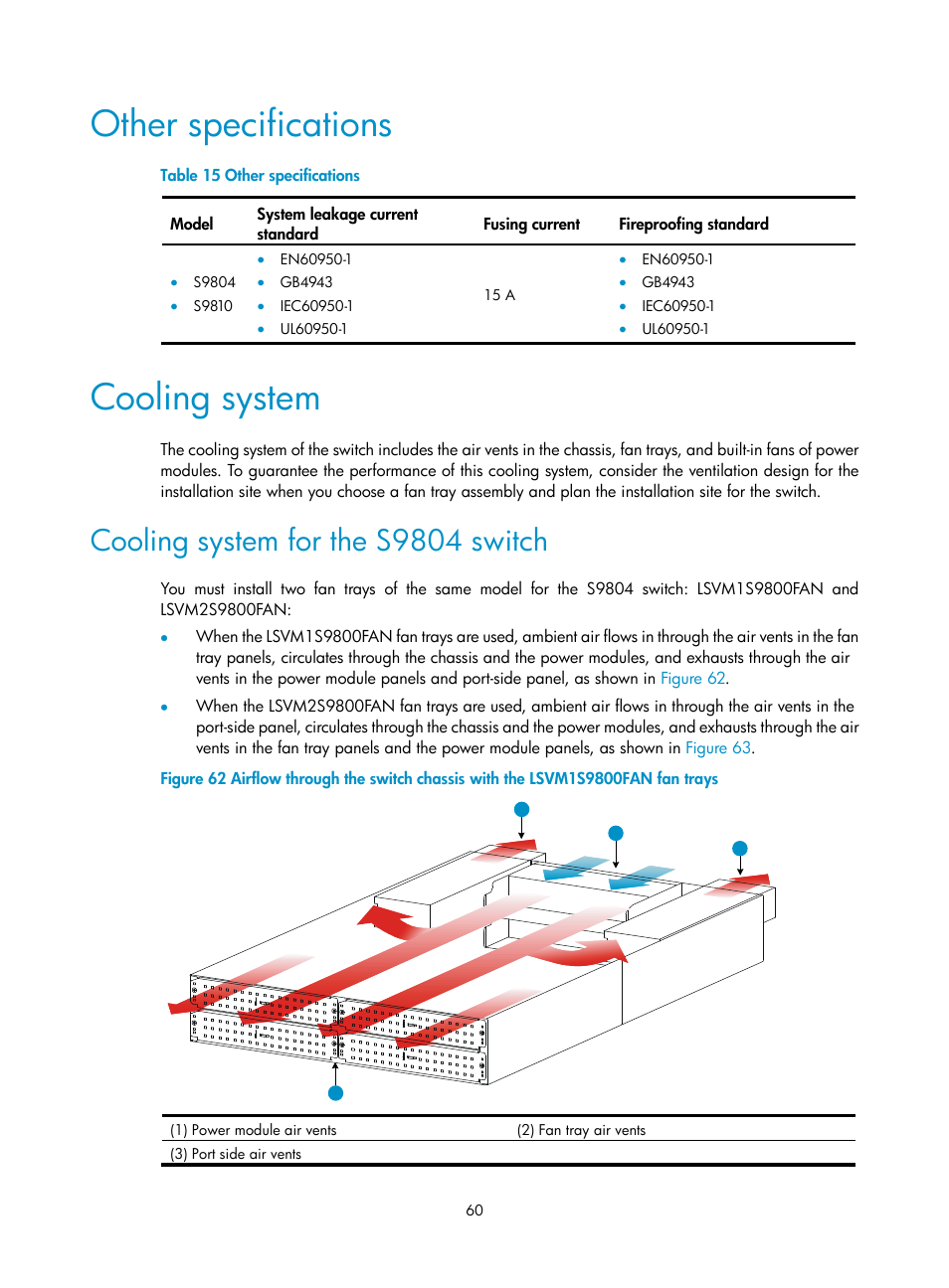 Other specifications, Cooling system, Cooling system for the s9804 switch | H3C Technologies H3C S9800 Series Switches User Manual | Page 68 / 82