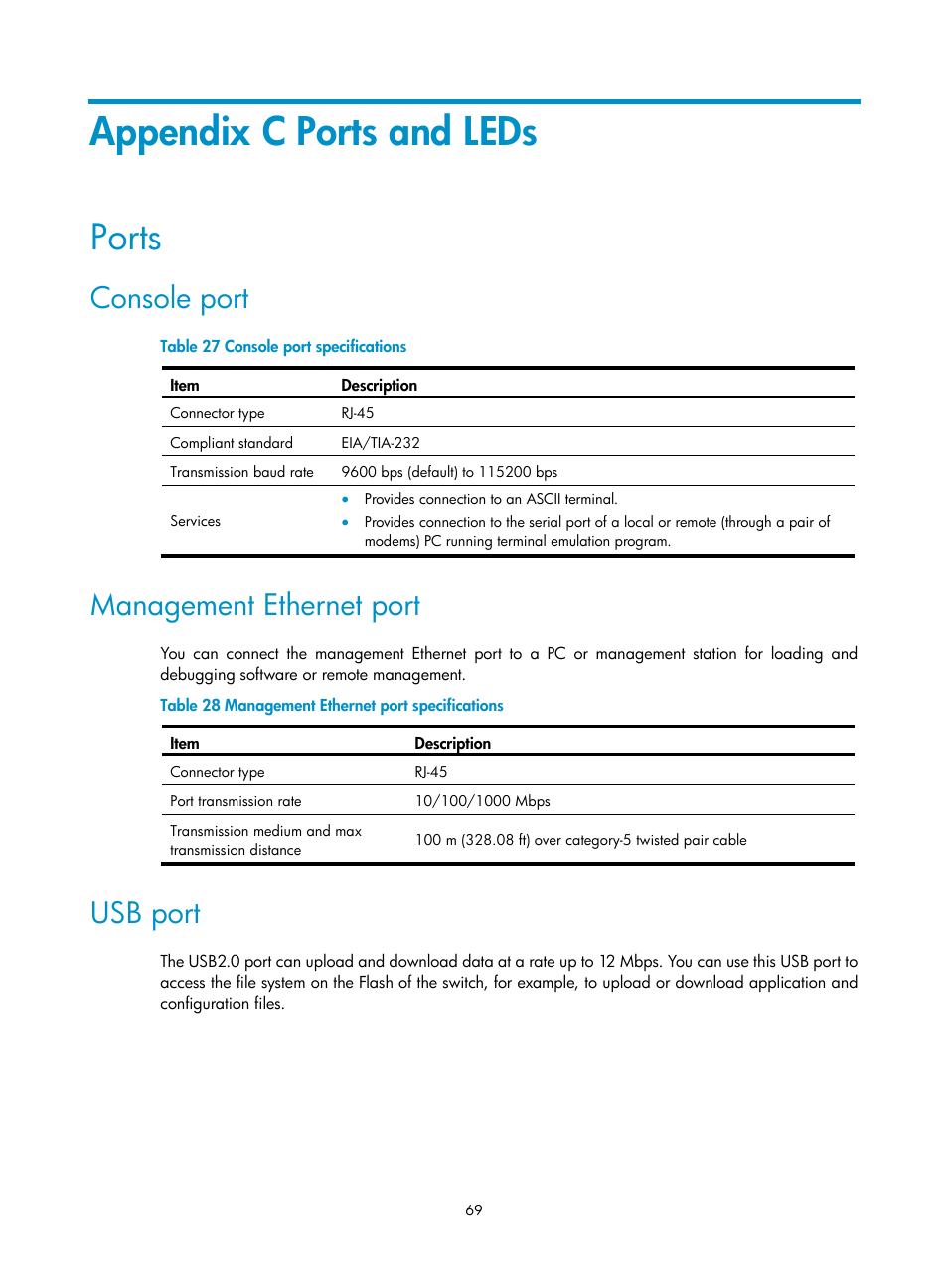 Appendix c ports and leds, Ports, Console port | Management ethernet port, Usb port, Appendix, C ports and leds | H3C Technologies H3C S9800 Series Switches User Manual | Page 77 / 82