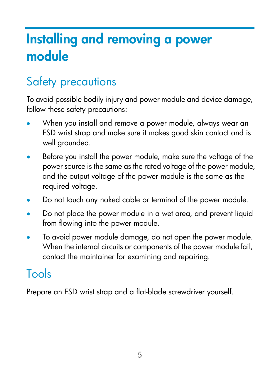 Installing and removing a power module, Safety precautions, Tools | H3C Technologies H3C S9800 Series Switches User Manual | Page 10 / 17