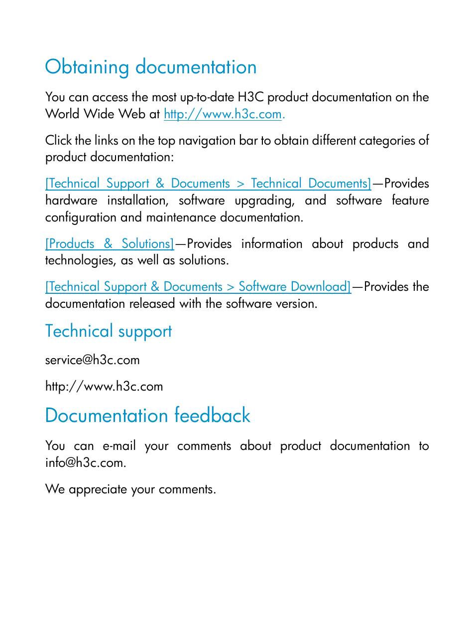 Obtaining documentation, Technical support, Documentation feedback | H3C Technologies H3C S9800 Series Switches User Manual | Page 4 / 17