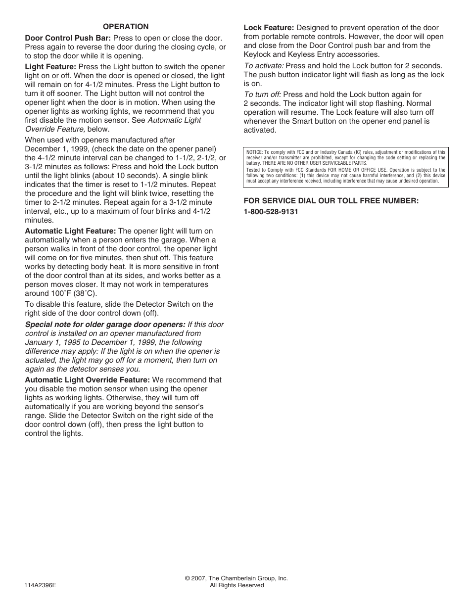 Operation, Automatic light override feature | Chamberlain 98LM User Manual | Page 2 / 2