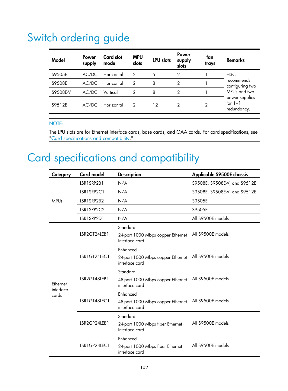 Switch ordering guide, Card specifications and compatibility | H3C Technologies H3C S9500E Series Switches User Manual | Page 112 / 154