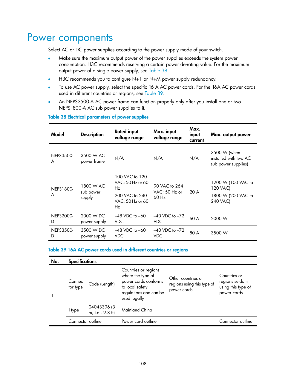 Power components | H3C Technologies H3C S9500E Series Switches User Manual | Page 118 / 154