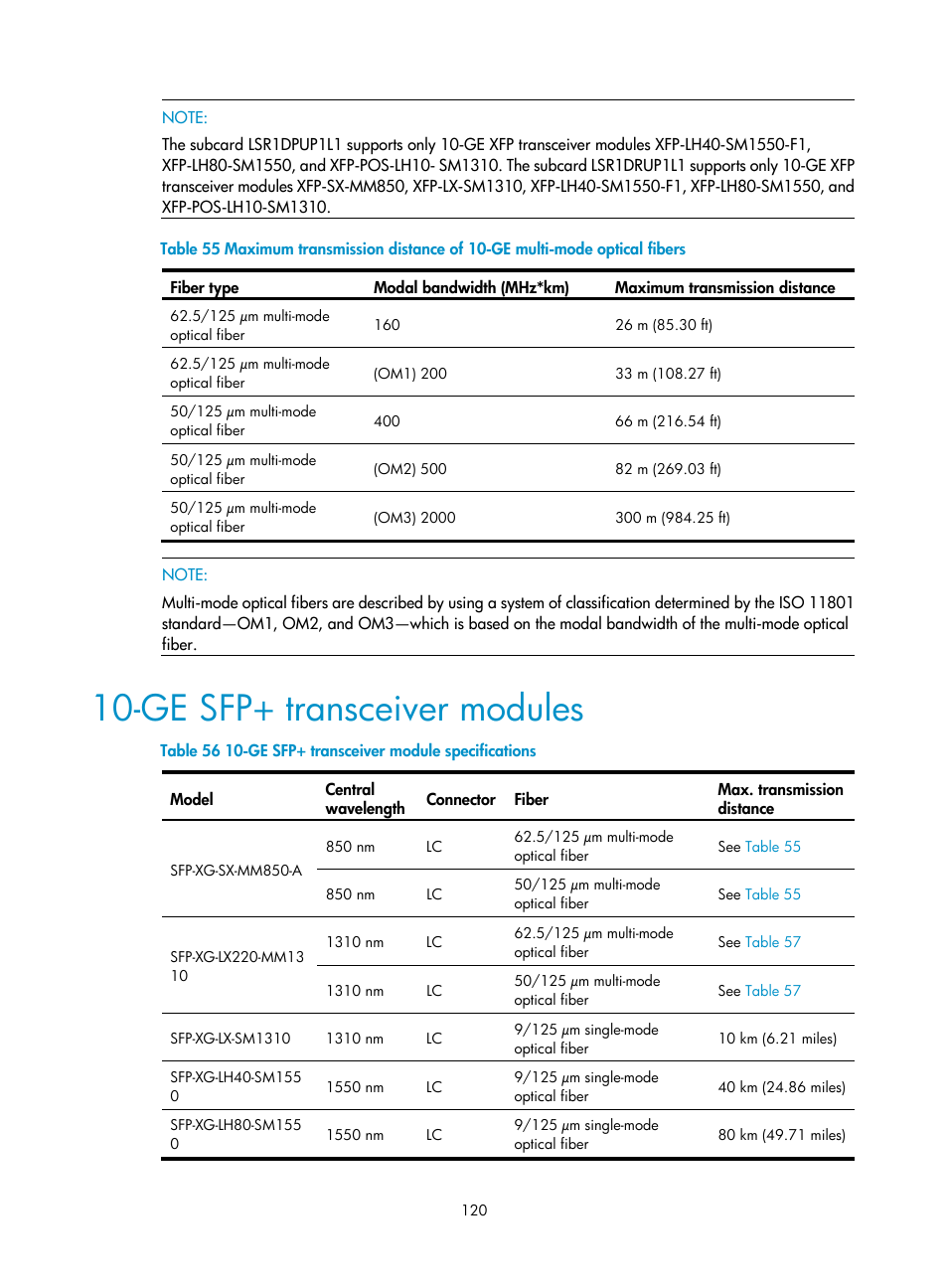 Ge sfp+ transceiver modules | H3C Technologies H3C S9500E Series Switches User Manual | Page 130 / 154