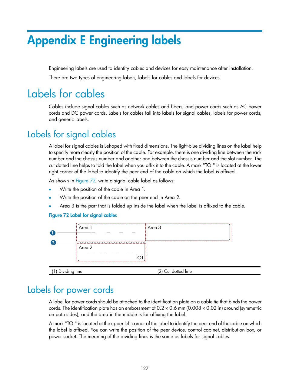Appendix e engineering labels, Labels for cables, Labels for signal cables | Labels for power cords | H3C Technologies H3C S9500E Series Switches User Manual | Page 137 / 154