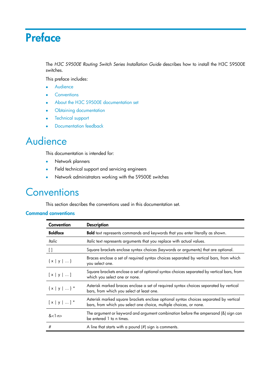 Preface, Audience, Conventions | Command conventions | H3C Technologies H3C S9500E Series Switches User Manual | Page 3 / 154
