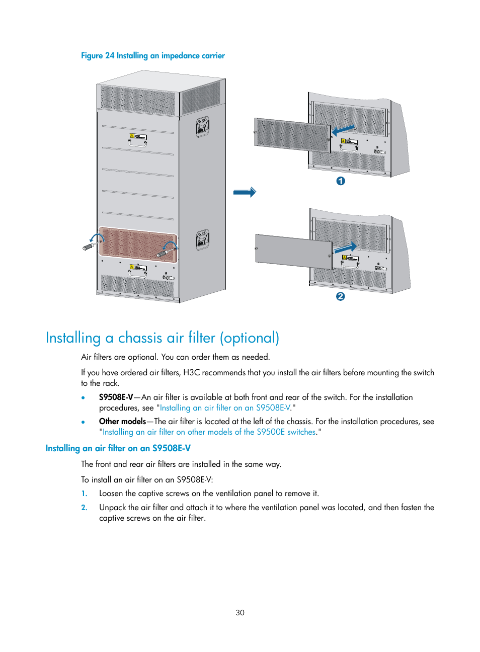 Installing a chassis air filter (optional), Installing an air filter on an s9508e-v | H3C Technologies H3C S9500E Series Switches User Manual | Page 40 / 154