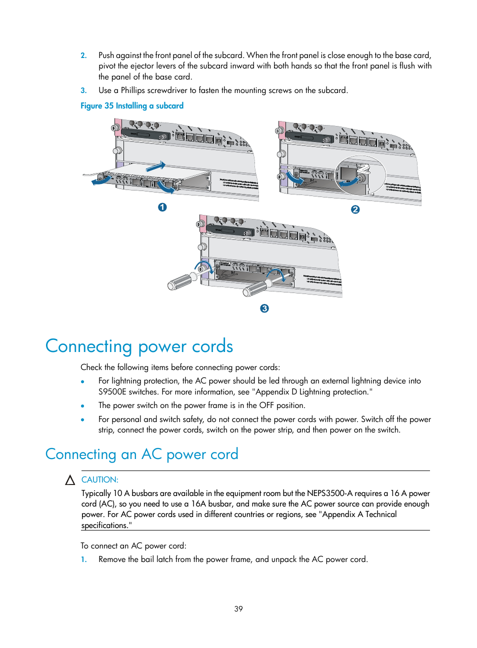 Connecting power cords, Connecting an ac power cord | H3C Technologies H3C S9500E Series Switches User Manual | Page 49 / 154