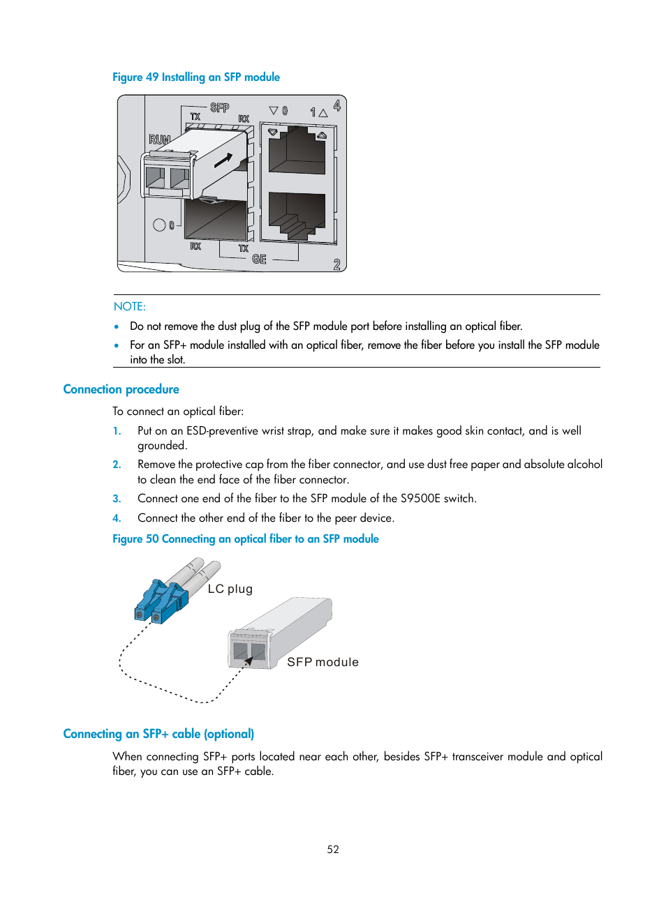 Connection procedure, Connecting an sfp+ cable (optional) | H3C Technologies H3C S9500E Series Switches User Manual | Page 62 / 154