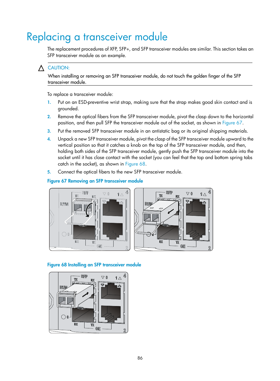 Replacing a transceiver module | H3C Technologies H3C S9500E Series Switches User Manual | Page 96 / 154