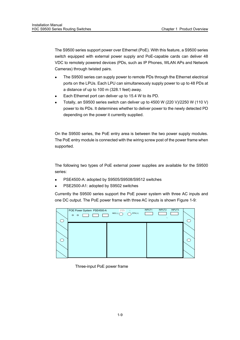 4 poe power supply, I. poe entry area, Ii. external poe power frame | 4 poe power supply -9, Figure 1-9 three-input poe power frame | H3C Technologies H3C S9500 Series Switches User Manual | Page 15 / 191