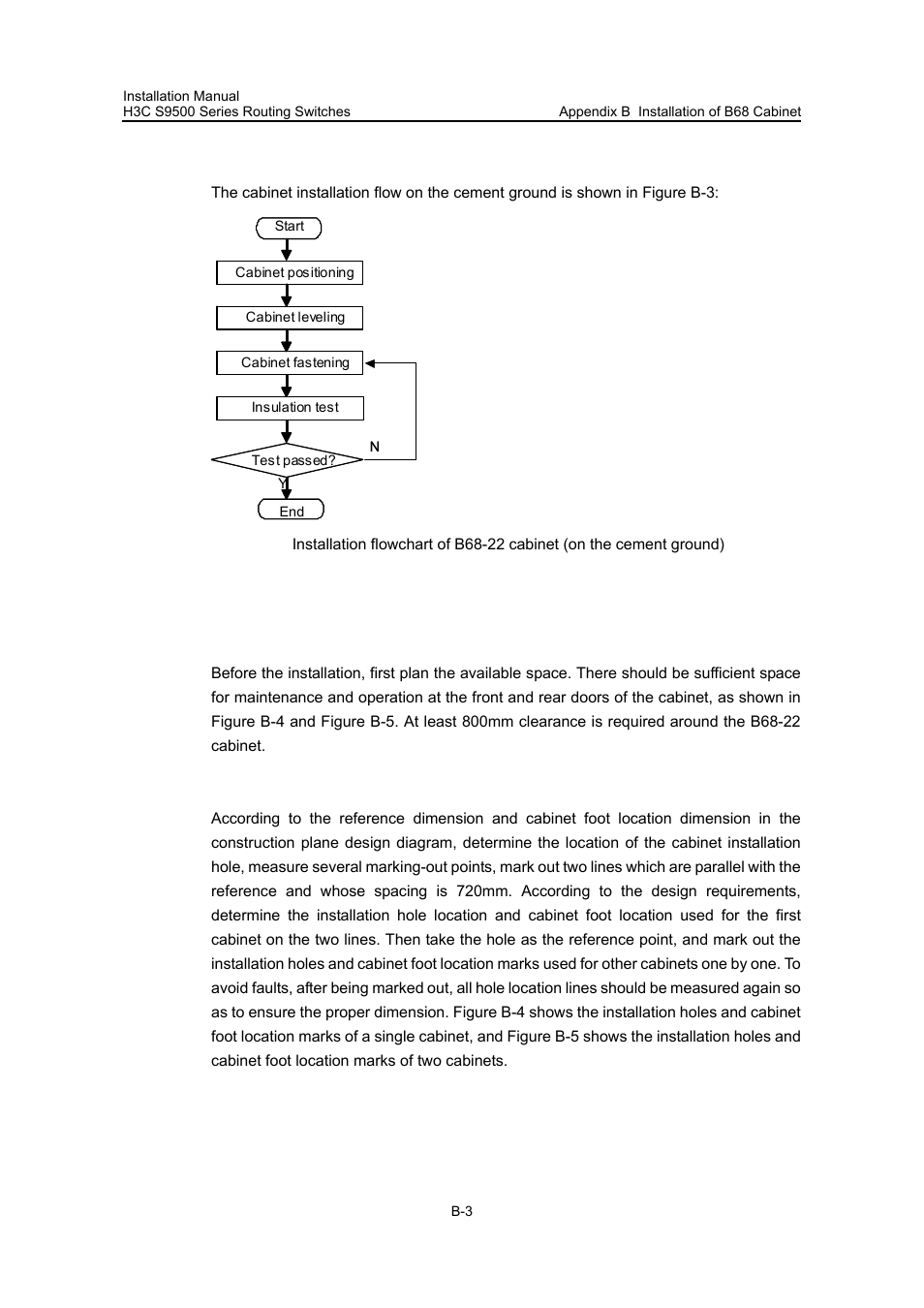 B.2.2 installation flow, B.2.3 cabinet positioning, I. planning the installation position of cabinet | Ii. drawing lines | H3C Technologies H3C S9500 Series Switches User Manual | Page 154 / 191