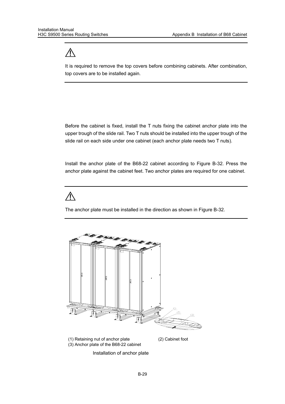 B.3.8 cabinet fastening, I. installing t nuts, Ii. installing anchor plate | N in figure b-31, Figure b-31 shows the it | H3C Technologies H3C S9500 Series Switches User Manual | Page 180 / 191