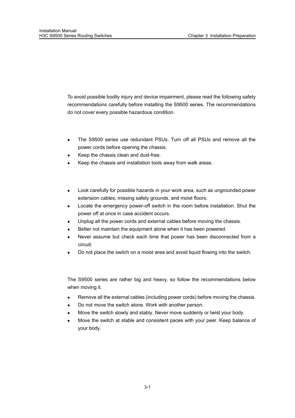 Chapter 3 installation preparation, 1 safety recommendations, 1 general safety recommendations | 2 safety recommendations against electricity, Chapter 3 installation preparation -1, 1 safety recommendations -1 | H3C Technologies H3C S9500 Series Switches User Manual | Page 63 / 191