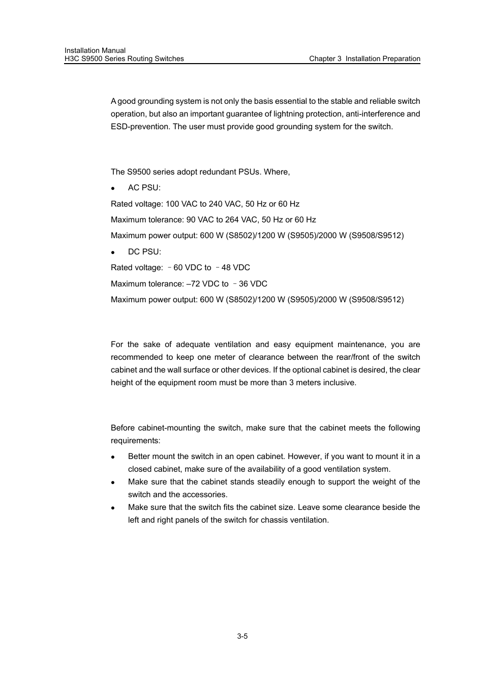 4 grounding requirements, 5 power supply requirements, 6 space requirements | 7 cabinet-mounting requirements | H3C Technologies H3C S9500 Series Switches User Manual | Page 67 / 191