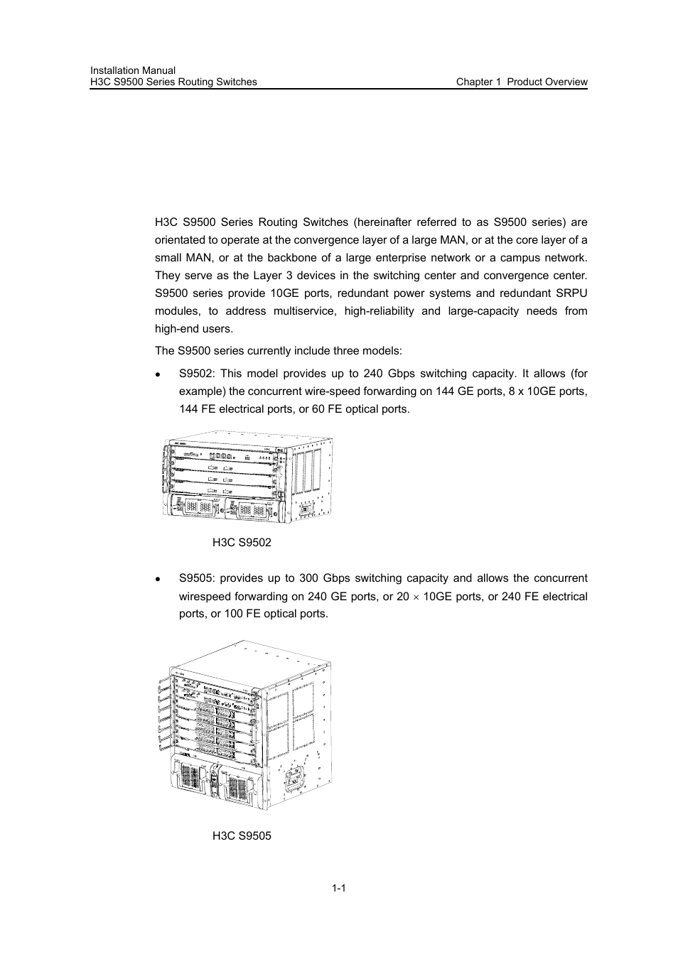 Chapter 1 product overview, 1 preface, Chapter 1 product overview -1 | 1 preface -1 | H3C Technologies H3C S9500 Series Switches User Manual | Page 7 / 191