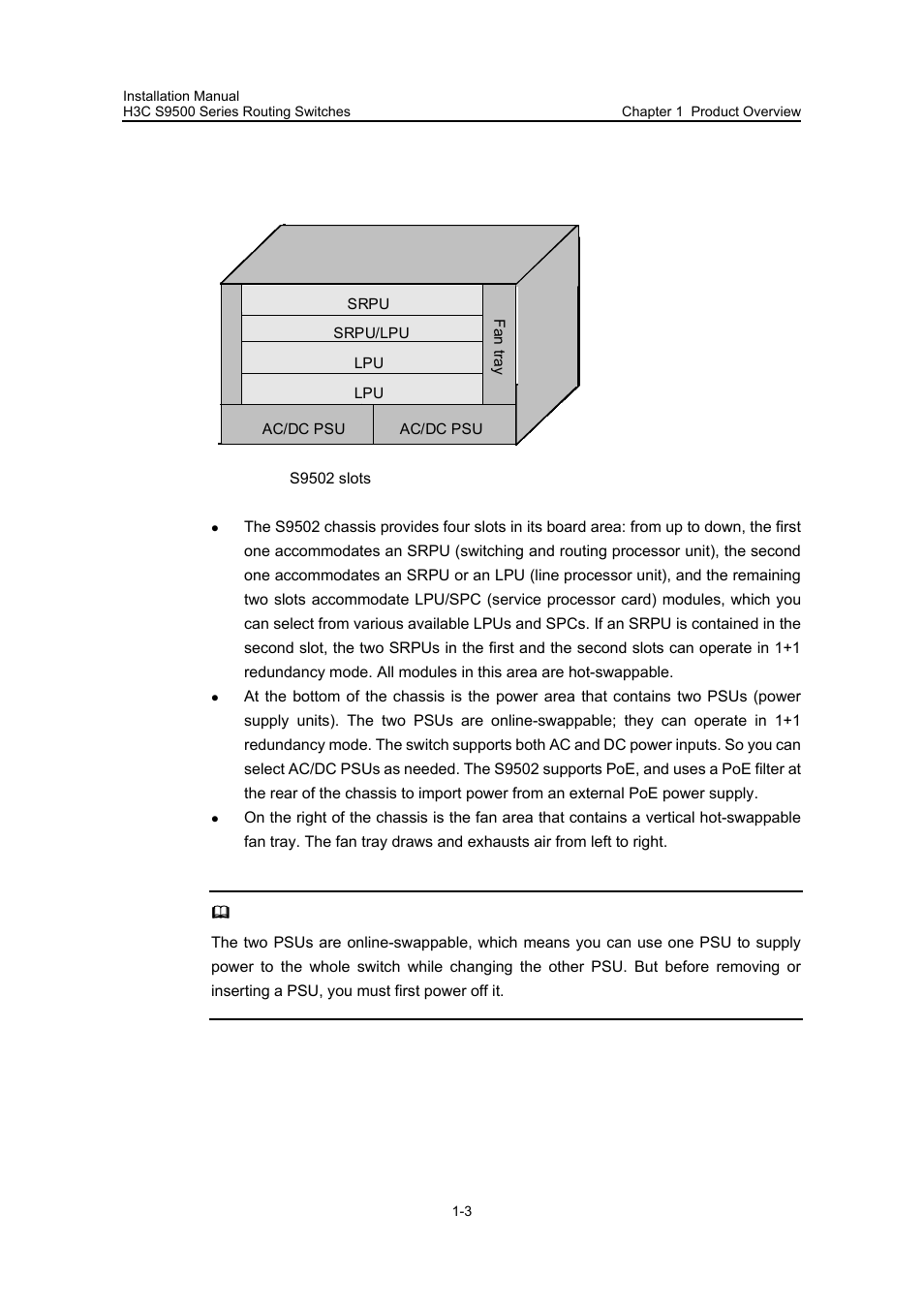1 chassis and slots, I. for s9502, 1 chassis and slots -3 | H3C Technologies H3C S9500 Series Switches User Manual | Page 9 / 191