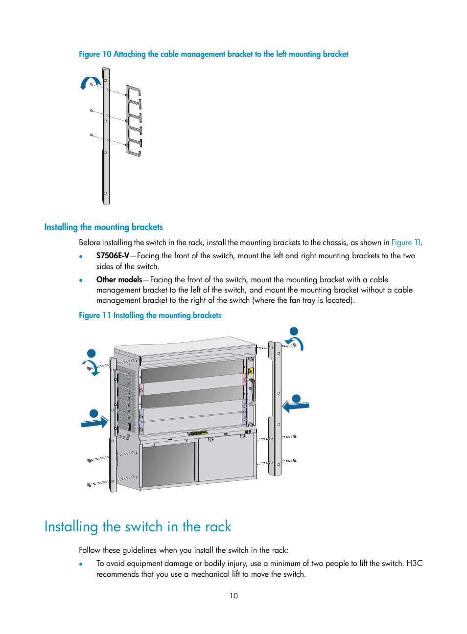 Installing the mounting brackets, Installing the switch in the rack, Figure 10 | H3C Technologies H3C S7500E Series Switches User Manual | Page 13 / 25