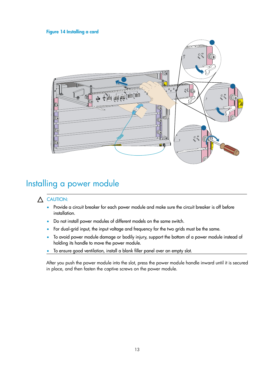 Installing a power module | H3C Technologies H3C S7500E Series Switches User Manual | Page 16 / 25