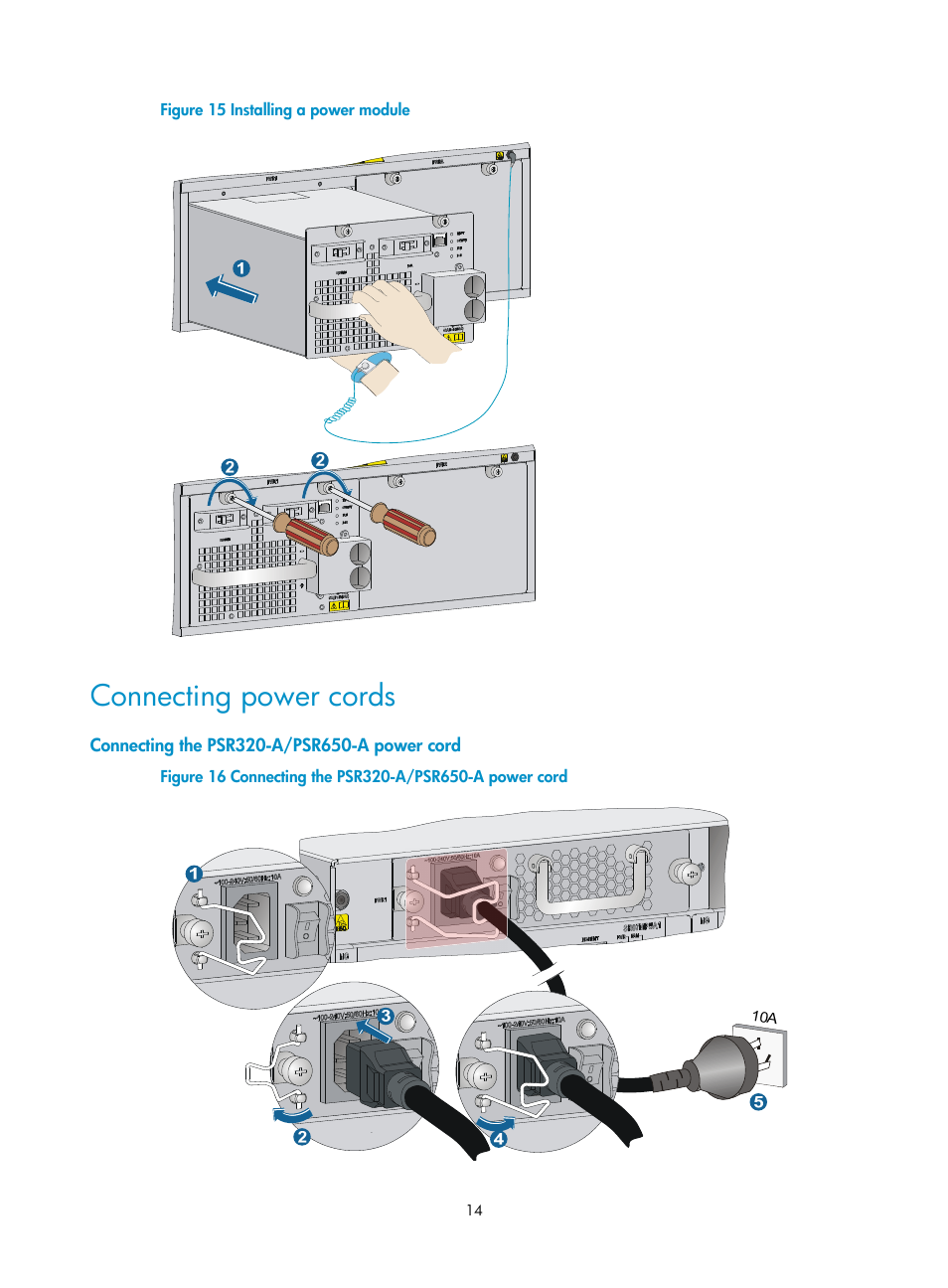 Connecting power cords, Connecting the psr320-a/psr650-a power cord | H3C Technologies H3C S7500E Series Switches User Manual | Page 17 / 25