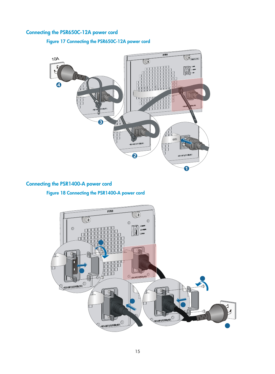 Connecting the psr650c-12a power cord, Connecting the psr1400-a power cord | H3C Technologies H3C S7500E Series Switches User Manual | Page 18 / 25