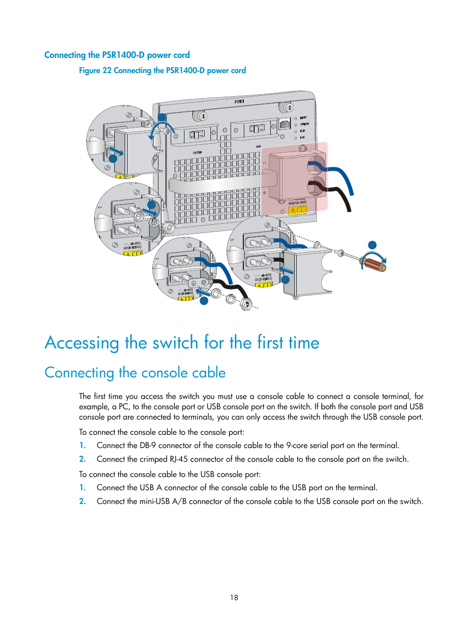 Connecting the psr1400-d power cord, Accessing the switch for the first time, Connecting the console cable | H3C Technologies H3C S7500E Series Switches User Manual | Page 21 / 25