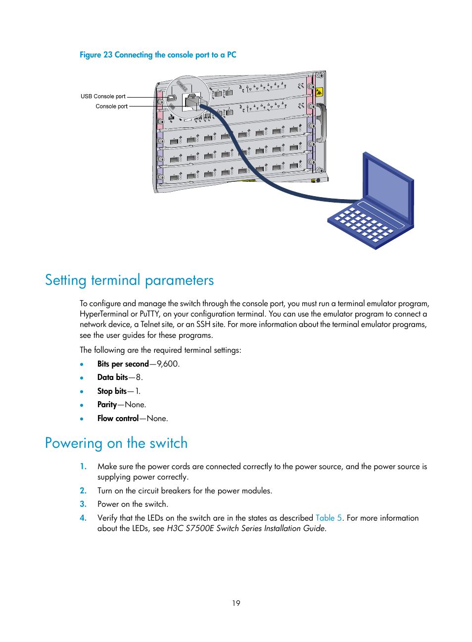 Setting terminal parameters, Powering on the switch | H3C Technologies H3C S7500E Series Switches User Manual | Page 22 / 25